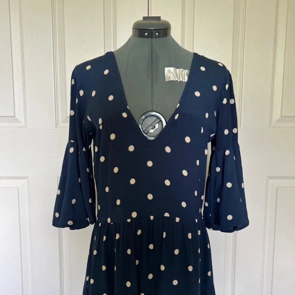 Faithfull the Brand Navy Blue Vintage Fresa White Polka Dot Dress Size 4 - Picture 5 of 12
